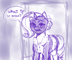 Size: 1200x1000 | Tagged: safe, artist:zowzowo, imported from derpibooru, rarity, pony, unicorn, annoyed, clothes, glasses, purple, robe, rough sketch, sketch, sleepy, solo