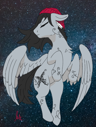 Size: 768x1024 | Tagged: safe, artist:biergarten13, imported from derpibooru, oc, oc only, oc:raine, pegasus, pony, fallout equestria, eyes closed, fallout equestria: ghosts of the past, female, floating, majestic, scroll, sleeping, solo, solo female, space, spread wings, tattoo, wings