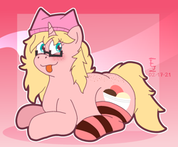 Size: 1588x1315 | Tagged: safe, artist:icecreamjaxxie, imported from derpibooru, oc, oc only, oc:mille feuille, pony, unicorn, :3, :p, back freckles, blushing, butt freckles, chubby, clothes, food, freckles, glasses, hat, ice cream, looking at you, lying down, ponyloaf, prone, sitting, socks, solo, striped socks, tongue out