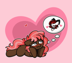 Size: 1000x875 | Tagged: safe, artist:sugar morning, imported from derpibooru, oc, oc:lilith, oc:scarlet trace (coffee bean), earth pony, pony, animated, bow, collar, female, freckles, gif, holiday, mare, thought bubble, valentine's day