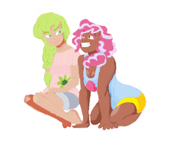 Size: 934x762 | Tagged: safe, artist:squeezemelittle, imported from derpibooru, oc, oc only, oc:anthea, oc:cotton candy, human, kilalaverse, adopted offspring, barefoot, breasts, cleavage, dark skin, duo, feet, female, humanized, humanized oc, next generation, offspring, parent:fluttershy, parent:pinkie pie, parent:pokey pierce, parents:pokeypie, simple background, smiling, white background