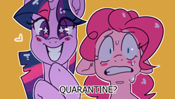 Size: 1600x911 | Tagged: safe, artist:goshhhh, imported from derpibooru, pinkie pie, twilight sparkle, earth pony, pony, unicorn, blushing, duo, floppy ears, frown, heart, palindrome get, quarantine, simple background, smiling, starry eyes, sweat, varying degrees of want, wingding eyes, yellow background