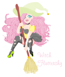 Size: 970x1148 | Tagged: safe, artist:squeezemelittle, imported from derpibooru, fluttershy, human, breasts, broom, cleavage, clothes, hat, high heels, humanized, ripped stockings, shoes, simple background, socks, solo, stockings, thigh highs, torn clothes, white background, witch costume, witch hat