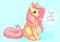 Size: 1280x902 | Tagged: safe, artist:wolfiebane, imported from derpibooru, fluttershy, pegasus, pony, cute, female, mare, one eye closed, shyabetes, sitting, solo, vulgar