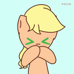 Size: 720x720 | Tagged: safe, artist:starflashing twinkle, imported from derpibooru, applejack, earth pony, pony, animated, blowing a kiss, chinese, cute, cyan background, female, frame by frame, gif, hatless, heart, jackabetes, mare, missing accessory, simple background, solo