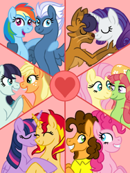 Size: 450x600 | Tagged: safe, artist:spyro-for-life, imported from derpibooru, applejack, capper dapperpaws, cheese sandwich, coloratura, fluttershy, night glider, pinkie pie, rainbow dash, rarity, sunset shimmer, tree hugger, twilight sparkle, alicorn, earth pony, pegasus, pony, unicorn, capperity, cheesepie, chest fluff, female, flutterhugger, heart, lesbian, male, mane six, nightdash, rarajack, shipping, straight, sunsetsparkle