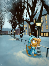 Size: 1280x1707 | Tagged: safe, artist:potato22, artist:potto, imported from derpibooru, oc, oc only, oc:mareota, pony, building, female, lamppost, road, scenery, snow, solo