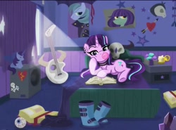 Size: 2047x1511 | Tagged: safe, artist:aanotherpony, edit, edited screencap, imported from derpibooru, screencap, starlight glimmer, pony, unicorn, bed, bloodshot eyes, book, boots, bubblegum, choker, clothes, ear piercing, earring, edgelight glimmer, emo, food, goth, guitar, gum, jewelry, lying down, musical instrument, piercing, shoes, solo, starlight's room, teenage glimmer, teenager, younger