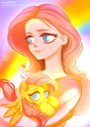 Size: 900x1272 | Tagged: safe, artist:greyredroy, imported from derpibooru, fluttershy, human, pegasus, pony, cute, duo, female, holding a pony, human ponidox, humanized, rainbow, self ponidox, shyabetes