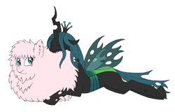 Size: 1250x800 | Tagged: safe, artist:spyro-for-life, imported from derpibooru, queen chrysalis, oc, oc:fluffle puff, changeling, changeling queen, earth pony, original species, pony, butt pillow, canon x oc, chrysipuff, female, lesbian, lying down, prone, shipping, simple background, sleeping, white background