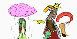 Size: 1126x579 | Tagged: safe, artist:charles3ld, imported from derpibooru, discord, fluttershy, pony, alternate design, cape, chocolate, chocolate rain, clothes, crown, duo, food, jewelry, laughing, pointing, rain, regalia, simple background, tongue out, wet, wet mane, white background
