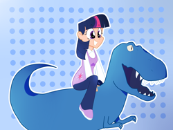 Size: 1600x1200 | Tagged: safe, artist:lorepeepsblue, imported from derpibooru, twilight sparkle, dinosaur, human, reptile, humanized, humans riding dinosaurs, riding, solo