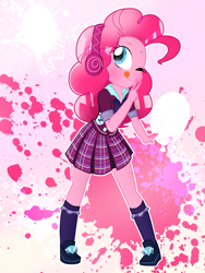 Size: 1920x2560 | Tagged: dead source, safe, artist:lorepeepsblue, imported from derpibooru, pinkie pie, equestria girls, ;p, clothes, clothes swap, crystal prep academy uniform, one eye closed, pigeon toed, school uniform, solo, tongue out