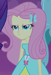 Size: 226x332 | Tagged: safe, imported from derpibooru, screencap, fluttershy, rarity, equestria girls, equestria girls (movie), angry, bare shoulders, cropped, cute, fall formal outfits, fluttershy is not amused, madorable, offscreen character, sleeveless, strapless, unamused