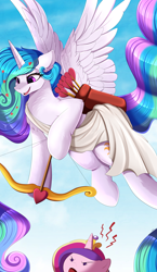 Size: 3000x5159 | Tagged: safe, artist:pridark, imported from derpibooru, princess cadance, princess celestia, alicorn, pony, angry, arrow, bow (weapon), bow and arrow, cupid, emanata, heart arrow, high res, holiday, solo focus, valentine's day, weapon