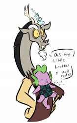 Size: 1285x2048 | Tagged: safe, artist:thechaoticboop, imported from derpibooru, discord, spike, draconequus, dragon, baby carrier, carrying, dialogue, put me down, suspended