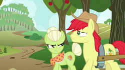 Size: 1920x1080 | Tagged: safe, imported from derpibooru, screencap, bright mac, granny smith, earth pony, pony, the perfect pear, female, head shake, male, mare, mother and child, mother and son, stallion, young granny smith, younger