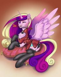 Size: 3223x4056 | Tagged: safe, artist:taytinabelle, imported from derpibooru, princess cadance, alicorn, pony, arrow, blushing, butt, cheongsam, chest fluff, chinese new year, clothes, cute, cutedance, dock, dress, ear fluff, eye clipping through hair, female, frilly socks, frilly underwear, gradient background, happy, heart, heart arrow, heart collar, heart pillow, hearts and hooves day, holiday, lace, lingerie, looking at you, lovebutt, lunar new year, lying down, mare, mouth hold, on side, one eye closed, open mouth, panties, pillow, plot, rear view, shiny, side, silk, simple background, smiling, socks, solo, spread wings, stockings, tail hole, tassels, teeth, thigh highs, underhoof, underwear, valentine's day, wings, wink, winking at you