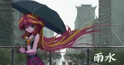 Size: 4096x2160 | Tagged: safe, artist:tinybenz, imported from derpibooru, part of a set, sunset shimmer, equestria girls, bandeau, chinese, city, clothes, delicious flat chest, female, human coloration, long hair, looking at you, midriff, pony ears, rain, solar term, solo, sunflat shimmer, umbrella, very long hair, vest, windswept hair
