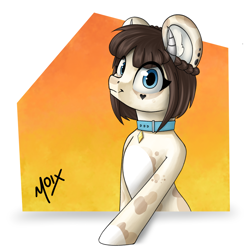 Size: 2000x2000 | Tagged: safe, artist:supermoix, imported from derpibooru, oc, oc only, pony, blue eyes, collar, cute, female, gift art, horn, looking at you, piercing, simple background, solo, spots