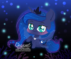 Size: 1866x1563 | Tagged: safe, artist:catseyeart, imported from derpibooru, princess luna, alicorn, pony, seapony (g4), 2017, blue eyes, blushing, bubble, chibi, clothes, crown, dorsal fin, female, filly, fin wings, fish tail, flowing mane, flowing tail, horn, jewelry, logo, looking at you, necklace, ocean, regalia, seaponified, seapony luna, see-through, smiling, solo, sparkles, species swap, tail, transparent, underwater, water, wings, woona, younger