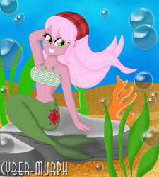 Size: 1952x2168 | Tagged: safe, artist:cyber-murph, imported from derpibooru, raspberry lilac, mermaid, series:cyber-murph's mermaids, equestria girls, equestria girls series, background human, bandana, belly, belly button, bubble, coral, cute, cutie mark, flowing hair, flowing mane, jewelry, mermaidized, midriff, necklace, rock, seaweed, signature, sitting, species swap, tube top