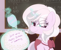 Size: 3644x3000 | Tagged: safe, artist:marshmallowfluff, imported from derpibooru, oc, oc only, oc:marshmallow fluff, pony, unicorn, apron, cake, chalk, chalkboard, clothes, food, freckles, literal, magic