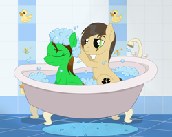 Size: 2547x2027 | Tagged: safe, artist:dyonys, imported from derpibooru, oc, oc:lucky brush, oc:night chaser, earth pony, pony, bath, bathroom, bathtub, bubble bath, claw foot bathtub, female, freckles, husband and wife, luckychaser, male, mare, married couples doing married things, rubber duck, scar, stallion, washing hair, water, wet, wet mane