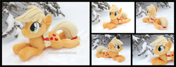 Size: 4545x1754 | Tagged: safe, artist:peruserofpieces, imported from derpibooru, applejack, earth pony, pony, beanie (plushie), female, happy, irl, looking at you, lying down, mare, photo, plushie, prone, smiling, snow, sploot, tree