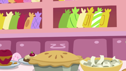 Size: 1280x720 | Tagged: safe, imported from derpibooru, screencap, the big mac question, background, food, kitchen, liminal space, no pony, pie, scenic ponyville, sugarcube corner, sugarcube corner (interior)