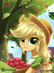 Size: 1480x2000 | Tagged: safe, artist:evedizzy26, imported from derpibooru, applejack, equestria girls, equestria girls series, apple, apple tree, bucket, bust, cute, falling leaves, female, food, jackabetes, leaves, looking at you, solo, tree