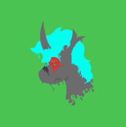 Size: 2459x2482 | Tagged: safe, artist:un simple tio, imported from derpibooru, oc, oc only, oc:loshad, changeling, hybrid, pony, anarchy, blue hair, bust, dark fur, dark skin, green background, horn, male, politics, portrait, scar, scarred, simple background, solo