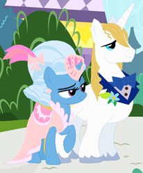 Size: 492x596 | Tagged: safe, artist:themexicanpunisher, imported from derpibooru, prince blueblood, trixie, pony, unicorn, bluetrix, bowtie, clothes, dress, duo, female, gala dress, male, shipping, show accurate, straight