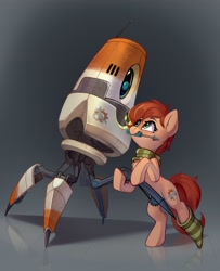 Size: 3328x4096 | Tagged: safe, artist:taneysha, imported from derpibooru, oc, oc only, oc:rusty gears, earth pony, pony, robot, clothes, mouth hold, scarf, screwdriver, socks, striped socks