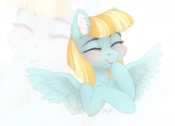 Size: 1795x1300 | Tagged: safe, artist:vird-gi, imported from derpibooru, helia, pegasus, pony, blushing, cheek fluff, chest fluff, cute, ear fluff, eyes closed, female, happy, heliadorable, laughing, mare, open mouth, smiling, solo, spread wings, wings, zoom layer