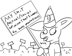 Size: 2092x1624 | Tagged: safe, artist:arrell, imported from derpibooru, earth pony, pony, bait, dunce hat, female, hat, mare, op is a duck, op is trying too hard, open mouth, politics, sign, sketch, solo, text, tongue out, vulgar