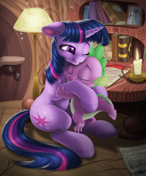 Size: 2111x2551 | Tagged: safe, artist:awalex, imported from derpibooru, spike, twilight sparkle, dragon, pony, unicorn, belly button, book, book of harmony, candle, cute, daaaaaaaaaaaw, duo, eyes closed, female, floppy ears, golden oaks library, high res, hug, lamp, library, male, mama twilight, mare, newspaper, one eye closed, spikabetes, spikelove, twiabetes, unicorn twilight, weapons-grade cute