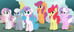 Size: 1024x439 | Tagged: safe, artist:leanne264, imported from derpibooru, apple bloom, diamond tiara, princess flurry heart, scootaloo, silver spoon, sweetie belle, alicorn, earth pony, pegasus, pony, unicorn, cutie mark crusaders, female, mare, movie accurate, older, older apple bloom, older cmc, older diamond tiara, older flurry heart, older scootaloo, older silver spoon, older sweetie belle, scootaloo can fly