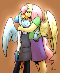 Size: 1280x1554 | Tagged: safe, artist:rwl, imported from derpibooru, fluttershy, rainbow dash, anthro, pegasus, arm around back, commission, eyes closed, female, flutterdash, forehead kiss, glasses, height difference, kissing, lesbian, shipping, tallershy