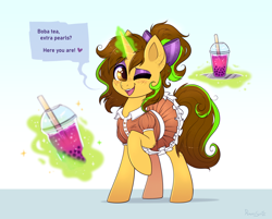 Size: 3581x2873 | Tagged: safe, artist:confetticakez, imported from derpibooru, oc, oc only, oc:awkward dork, pony, unicorn, blushing, boba tea, bow, clothes, commission, crossdressing, dialogue, dress, drink, eyeshadow, femboy, freckles, hair bow, levitation, magic, makeup, male, ponytail, simple background, solo, stallion, telekinesis