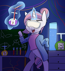 Size: 2084x2286 | Tagged: safe, artist:artiks, imported from derpibooru, potion nova, pony, unicorn, my little pony: pony life, bipedal, female, g4.5, glowing horn, horn, laboratory, mad scientist, magic, magic aura, open mouth, pony life, potion, solo, test tube