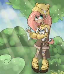 Size: 1000x1150 | Tagged: safe, artist:pumpkin-pie-13, imported from derpibooru, angel bunny, fluttershy, human, bandaid, clothes, crepuscular rays, hat, humanized, overalls, sweater, sweatershy