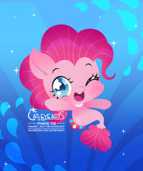 Size: 1563x1866 | Tagged: safe, artist:catseyeart, imported from derpibooru, pinkie pie, earth pony, pony, seapony (g4), 2017, blue eyes, blushing, bubble, chibi, dorsal fin, female, fish tail, flowing mane, flowing tail, jewelry, logo, looking at you, necklace, ocean, one eye closed, open mouth, seaponified, seapony pinkie pie, smiling, solo, sparkles, species swap, starry eyes, tail, underwater, water, wingding eyes, wink