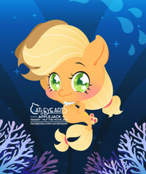 Size: 1563x1866 | Tagged: safe, artist:catseyeart, imported from derpibooru, applejack, earth pony, pony, seapony (g4), 2017, applejack's hat, blushing, bubble, chibi, cowboy hat, dorsal fin, female, fish tail, flowing mane, flowing tail, green eyes, hat, jewelry, logo, looking at you, necklace, ocean, seaponified, seapony applejack, smiling, solo, sparkles, species swap, starry eyes, tail, underwater, water, wingding eyes