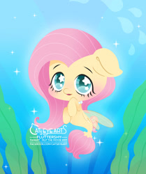 Size: 1563x1866 | Tagged: safe, artist:catseyeart, imported from derpibooru, fluttershy, pegasus, pony, seapony (g4), 2017, blue eyes, blushing, bubble, chibi, dorsal fin, female, fin wings, fish tail, flowing mane, flowing tail, jewelry, logo, looking at you, necklace, ocean, open mouth, seaponified, seapony fluttershy, smiling, solo, sparkles, species swap, starry eyes, tail, underwater, water, watershy, wingding eyes, wings