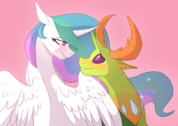 Size: 1280x907 | Tagged: safe, artist:primrosepaper, imported from derpibooru, princess celestia, thorax, alicorn, changedling, changeling, blushing, female, king thorax, male, missing accessory, pink background, shipping, simple background, straight, thoralestia, watermark