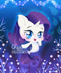 Size: 1563x1866 | Tagged: safe, artist:catseyeart, imported from derpibooru, rarity, pony, seapony (g4), unicorn, 2017, blue eyes, blushing, bubble, chibi, coral, cute, dorsal fin, female, fish tail, flowing mane, flowing tail, horn, jewelry, logo, looking at you, necklace, ocean, open mouth, raribetes, seaponified, seapony rarity, smiling, solo, sparkles, species swap, starry eyes, tail, underwater, water, wingding eyes
