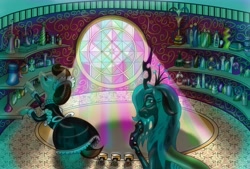 Size: 3270x2208 | Tagged: safe, artist:arkolo, imported from derpibooru, queen chrysalis, oc, oc:plain thatch, changeling, fanfic:chrysalis wins, bathroom, bottle, clothes, fanfic art, maid, stained glass, tub