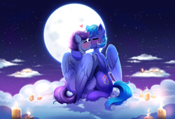 Size: 4000x2730 | Tagged: safe, artist:confetticakez, imported from derpibooru, oc, oc only, oc:noxy, oc:windy dripper, pegasus, pony, blushing, candle, cloud, commission, cute, eyes closed, fire, folded wings, gay, heart, hoof hold, kissing, male, moon, night, night sky, noxydrip, oc x oc, outdoors, romantic, shipping, sitting, sky, stallion, stars, wings