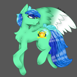 Size: 438x438 | Tagged: safe, artist:crazy_artz_35, artist:jadebreeze115, imported from derpibooru, oc, oc only, oc:jade breeze, pegasus, pony, anatomically incorrect, blue eyes, blue hair, chest fluff, colored wings, cutie mark, fanart, flying, gradient wings, gray background, hooves, looking back, request, requested art, simple background, solo, spread wings, wings